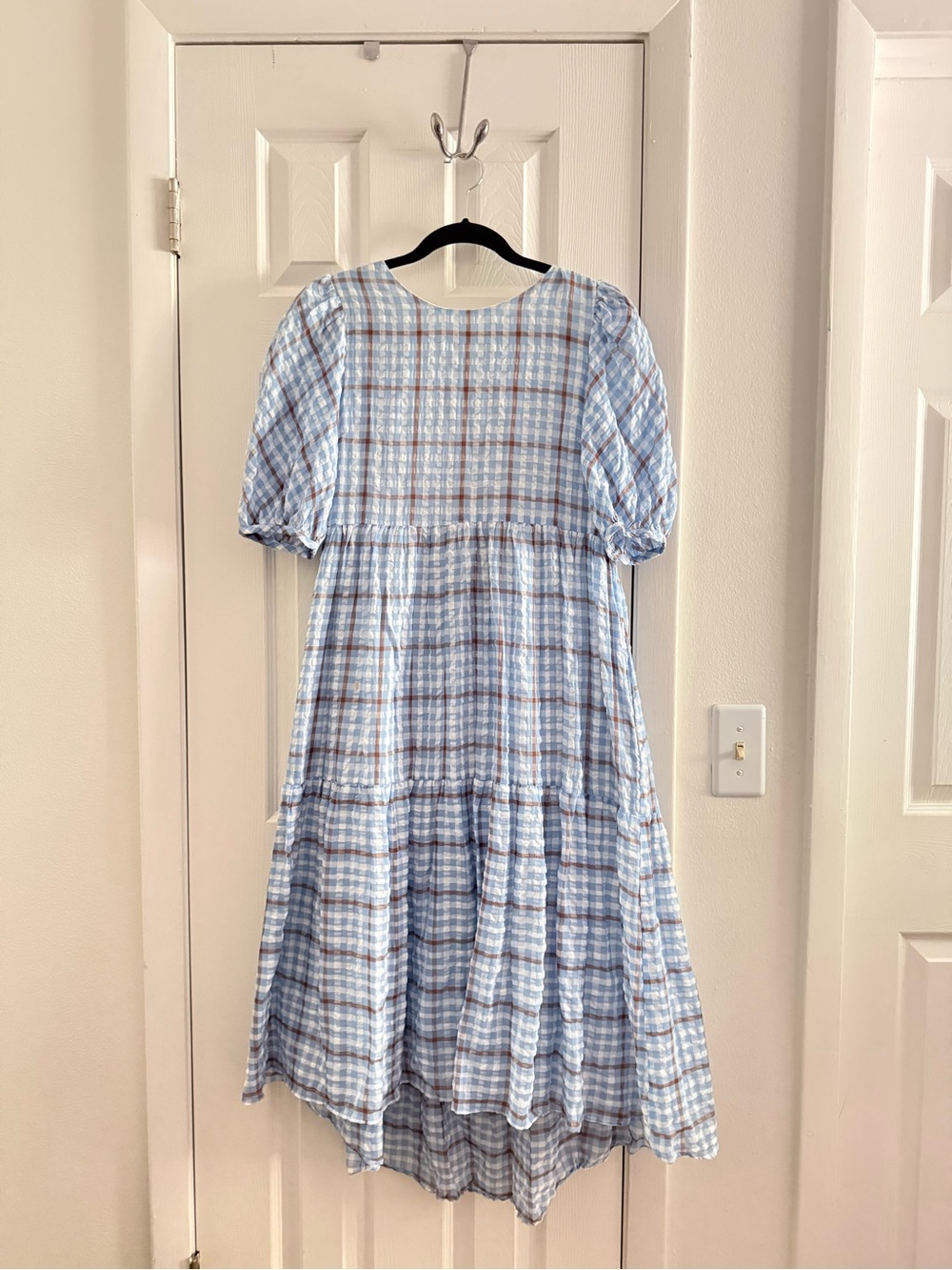 English Factory Light Blue Plaid High-Low Midi Dress Size S